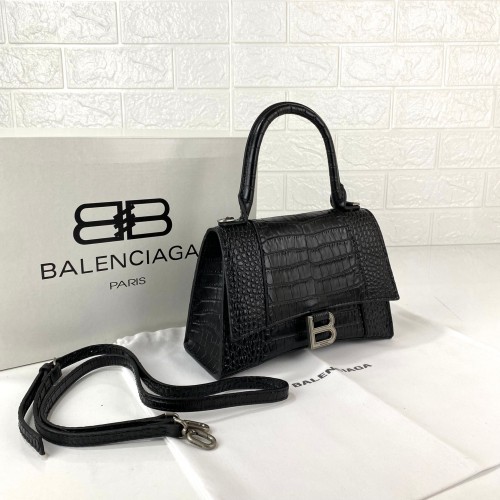 BALENCİAGA HOURGLASS SMALL TOP HANDLE BAG HAKİKİ MAT DERİ KROKO BAYAN ÇANTA SİYAH