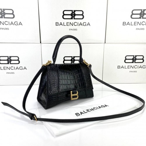 BALENCİAGA HOURGLASS SMALL TOP HANDLE BAG HAKİKİ PARLAK DERİ KROKO BAYAN ÇANTA SİYAH