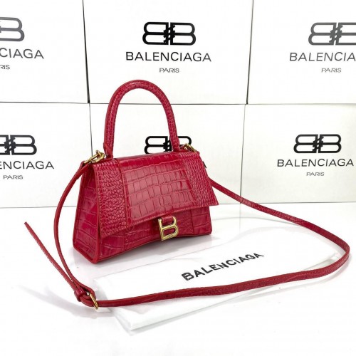 BALENCİAGA HOURGLASS SMALL TOP HANDLE BAG HAKİKİ DERİ KROKO BAYAN ÇANTA KIRMIZI