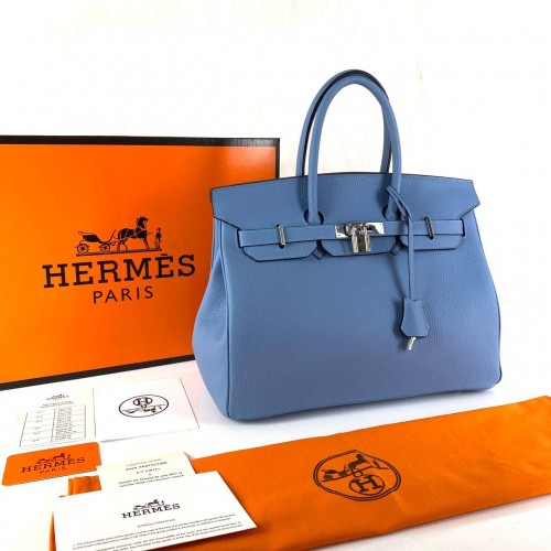 HERMES BİRKİN 35 HAKİKİ DERİ BEBE MAVİSİ GÜMÜŞ AKSESUAR