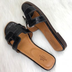 HERMES ORAN SANDALS CROCO HAKİKİ DERİ BAYAN TERLİK SİYAH