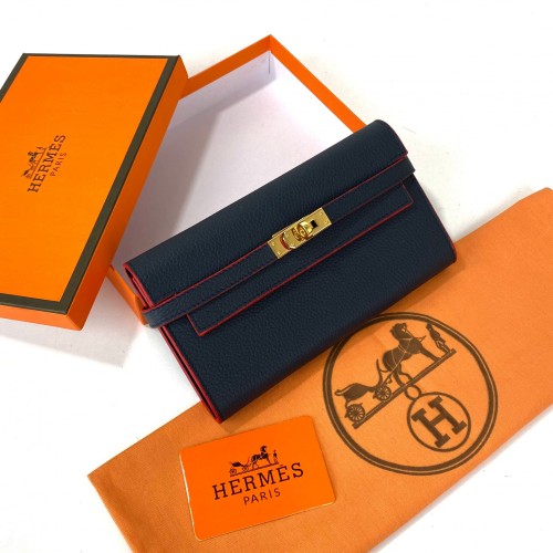 HERMES KELLY LONG WALLET HAKİKİ DERİ BAYAN CÜZDAN LACİVERT/KIRMIZI