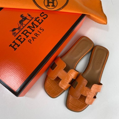 HERMES ORAN SANDALS CROCO HAKİKİ DERİ BAYAN TERLİK TURUNCU