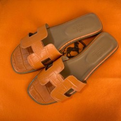HERMES ORAN SANDALS CROCO HAKİKİ DERİ BAYAN TERLİK TURUNCU