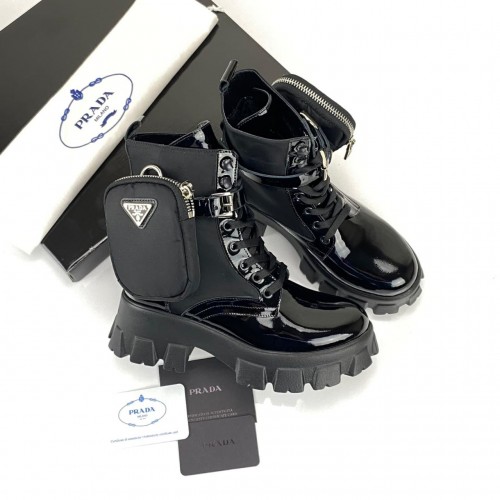 PRADA ANKLE POUCH COMBAT BOOT PATENT LEATHER