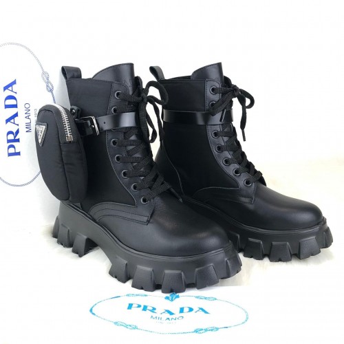 PRADA ANKLE POUCH COMBAT BOOT PATENT LEATHER